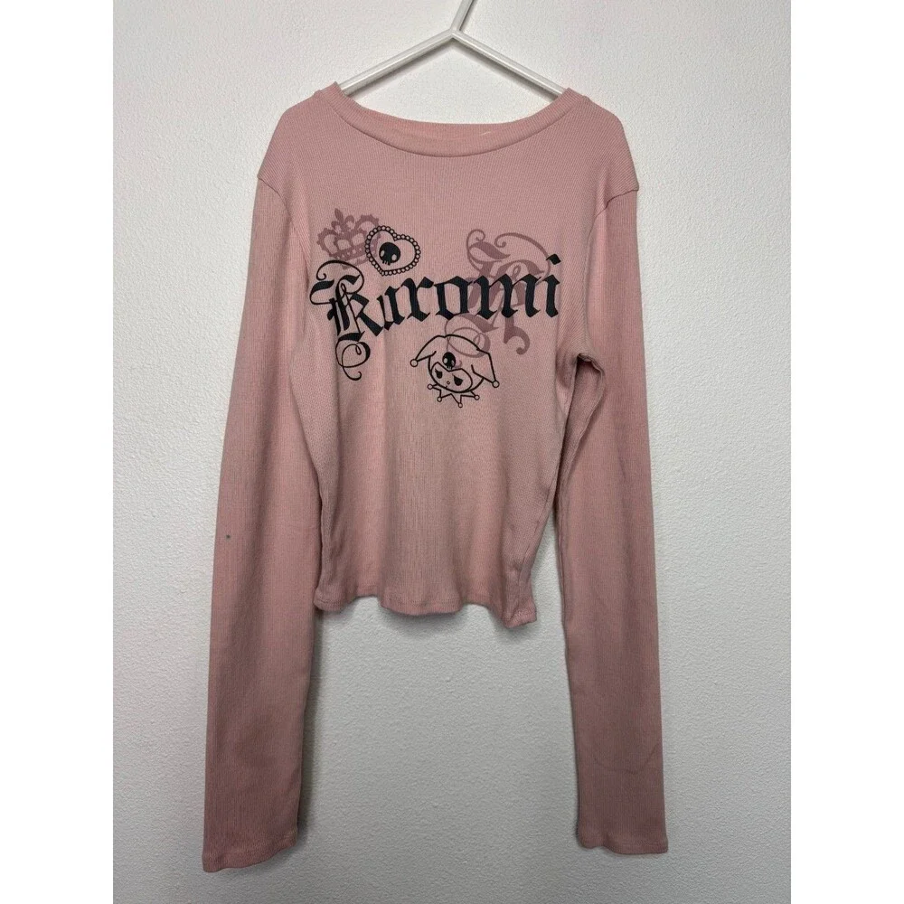 H&M Girls 14 Kuromi Jersey Top Pink Ribbed Long Sleeve Round Neck Slim Fit